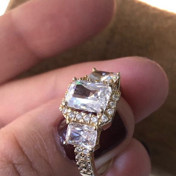 Gold emerald cut 3 stone Halo sterling silver ring - Picture 6 of 11